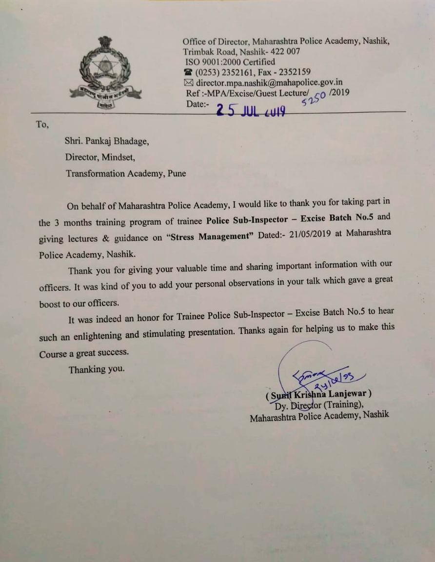 Appreciation letter from Maharashtra Police Academy, Nashik